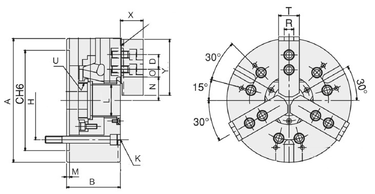Zeichnung Dreibacken-Kraftspannfutter N-208 Ø 210 mm