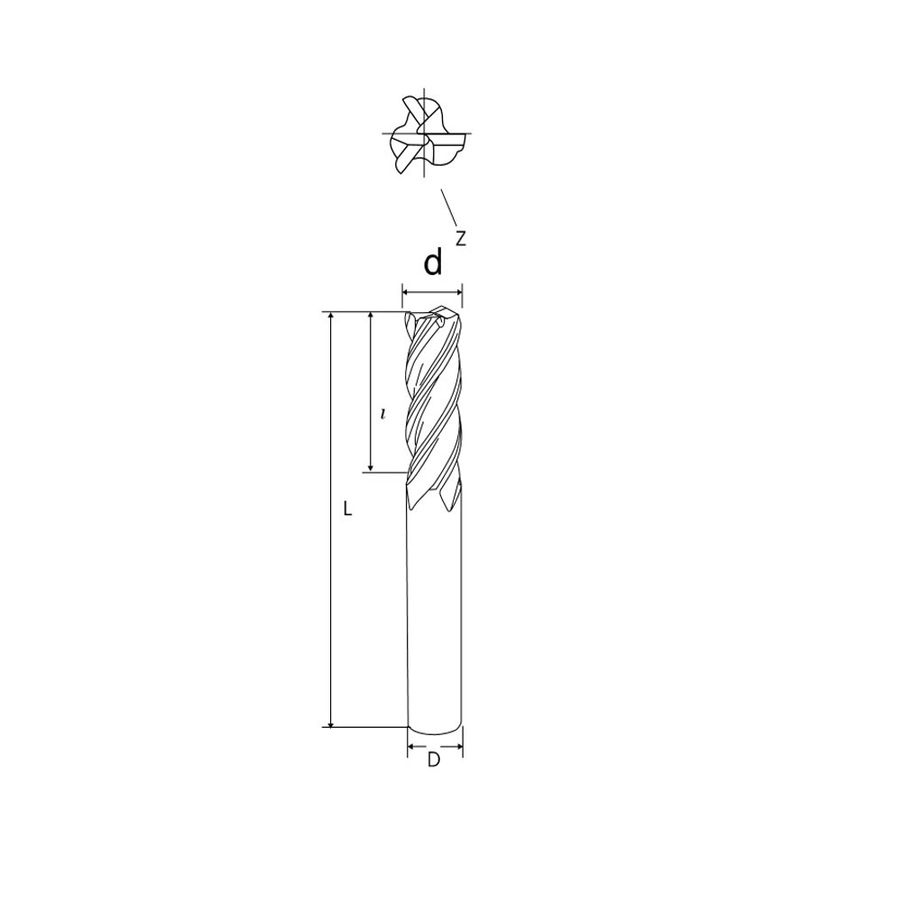 VHM-Schaftfräser Ø 4 mm 45° Z=3 TiSiN Zeichnung