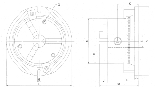 Zeichnung Dreibacken-Drehfutter auf Drehplatte, Typ 160