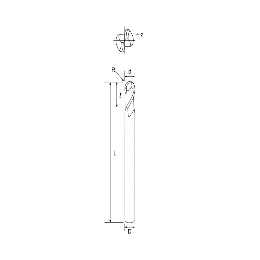 Solid carbide full radius cutter Ø 4 mm 35° Z=2 TiSiN technical drawing