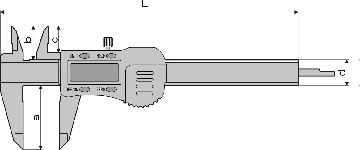 Technical drawing Digital pocket caliper 0-200 mm with set/preset button DIN 862