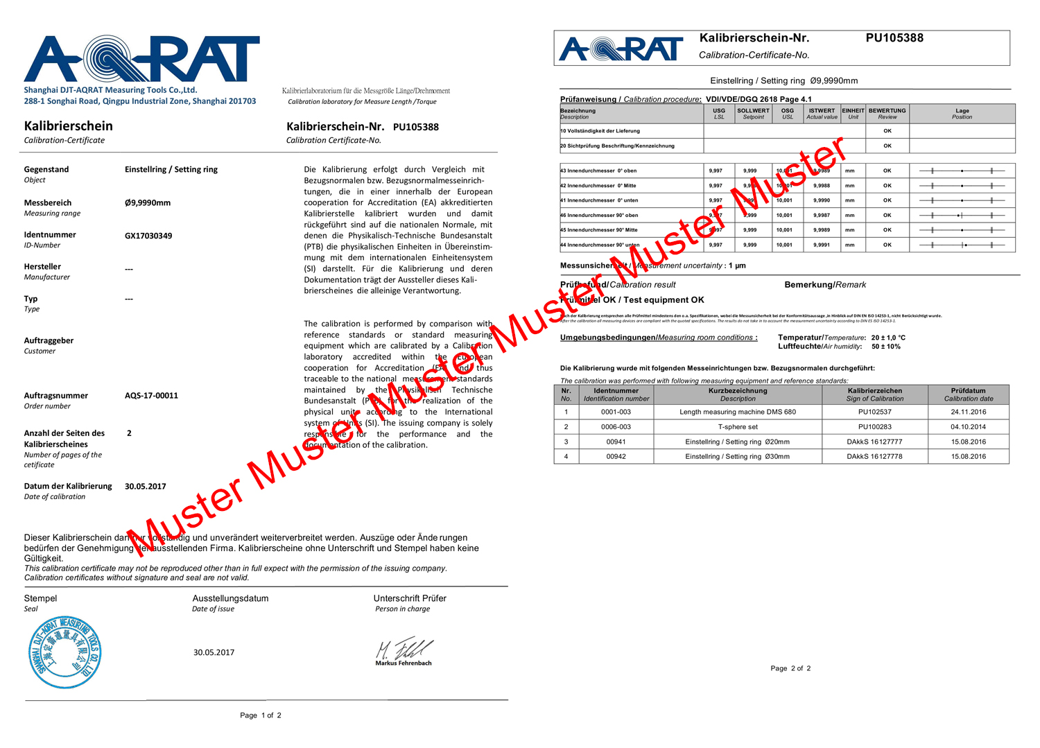 Muster Kalibrierschein Einstellringe Ø 25 mm 