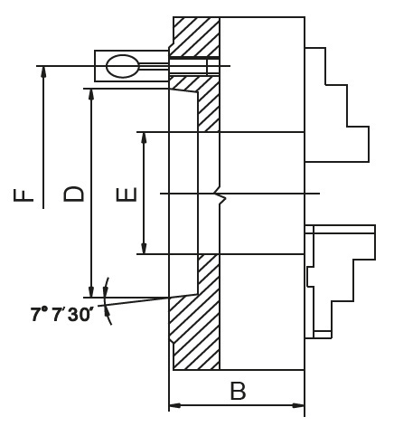 Drawing Three-jaw lathe chuck DIN 55029 Ø 125 mm, Taper 4 Drawing Three-jaw lathe chuck DIN 55029 Ø 125 mm, Taper 4