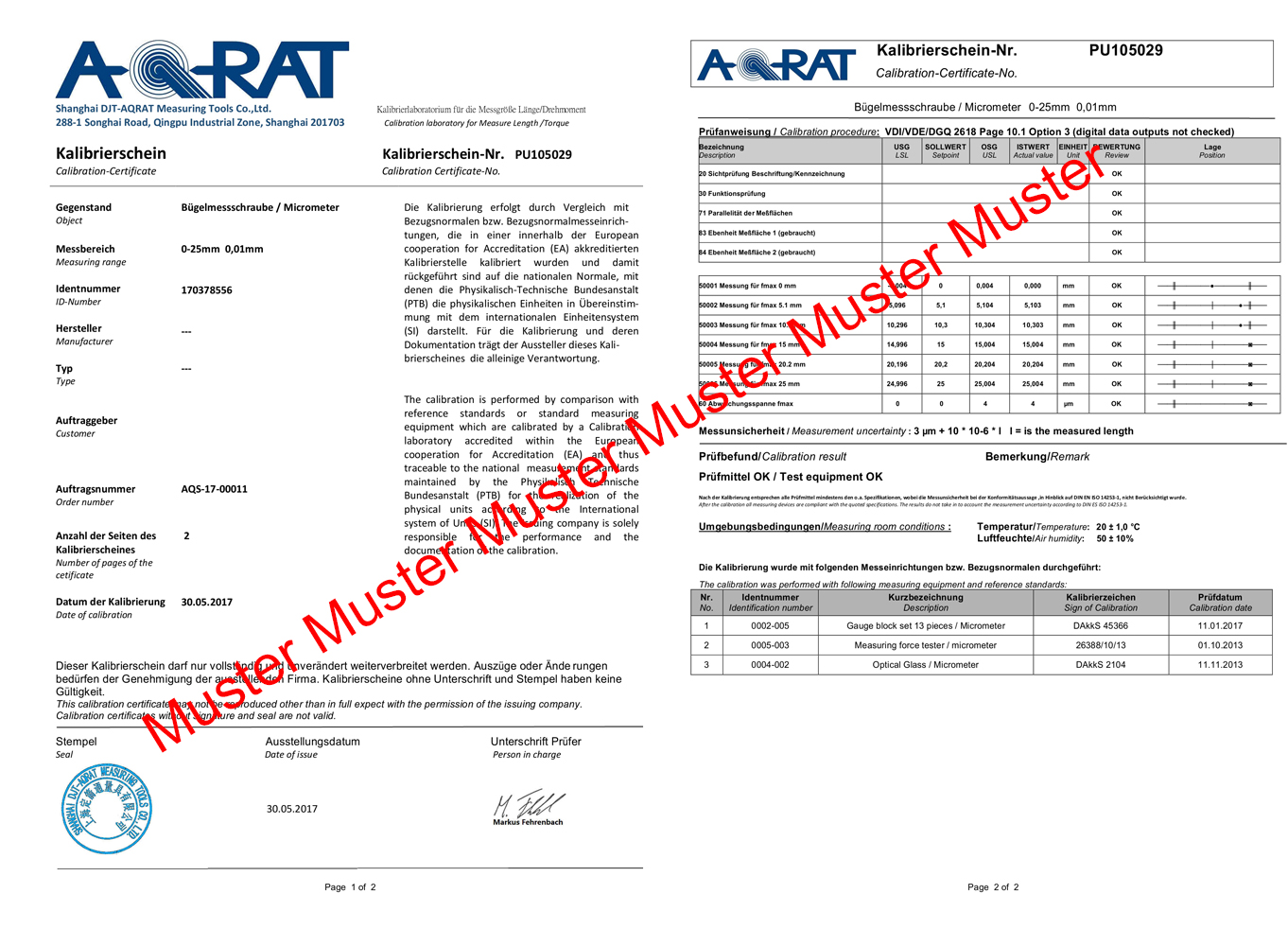 Example certificate Outside micrometer 0 - 25 mm DIN 863 with certification