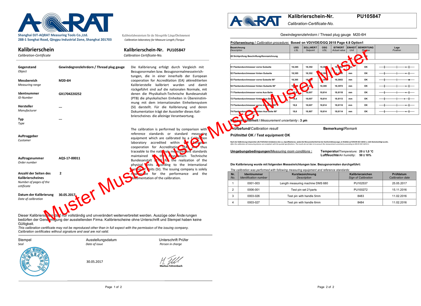 Example certification Limit thread gauge M 20 x 2 - 6H