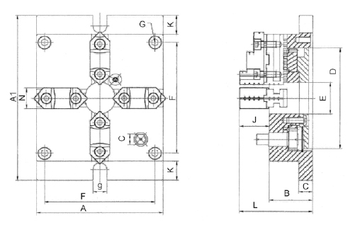 Drawing Stationary four-jaw lathe chuck, type 165