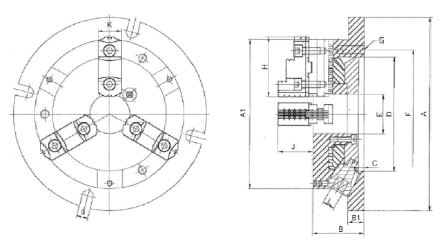 Drawing Stationary three-jaw lathe chuck, type 305