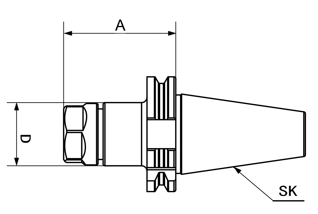 Zeichnung Spannzangenfutter SK40 ER25, A 70 mm, DIN 69871