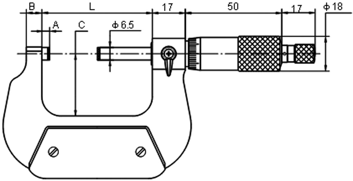 Technical drawing Outside micrometer 0 - 25 mm DIN 863 with certification