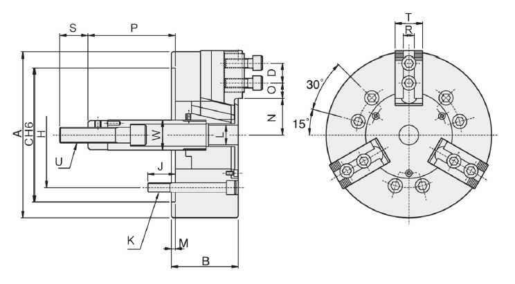 Zeichnung Dreibacken-Kraftspannfutter V-208 Ø 210 mm Zeichnung Dreibacken-Kraftspannfutter V-208 Ø 210 mm
