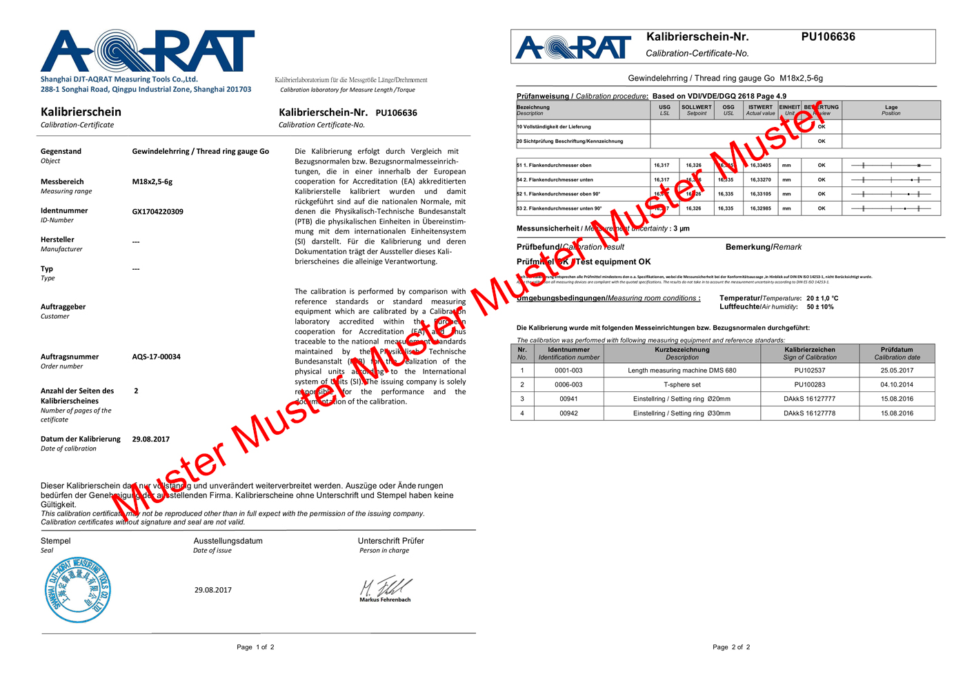 Muster Kalibrierschein Gewinde-Ausschusslehrring M 10 x 1,5- 6g